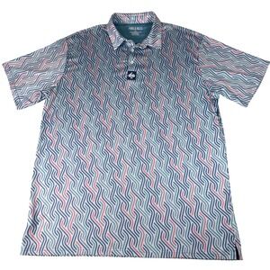 Pins & Aces Golf Polo Mens XXL Blue Pink Wavy Print Performance Shirt‎ Golfcore